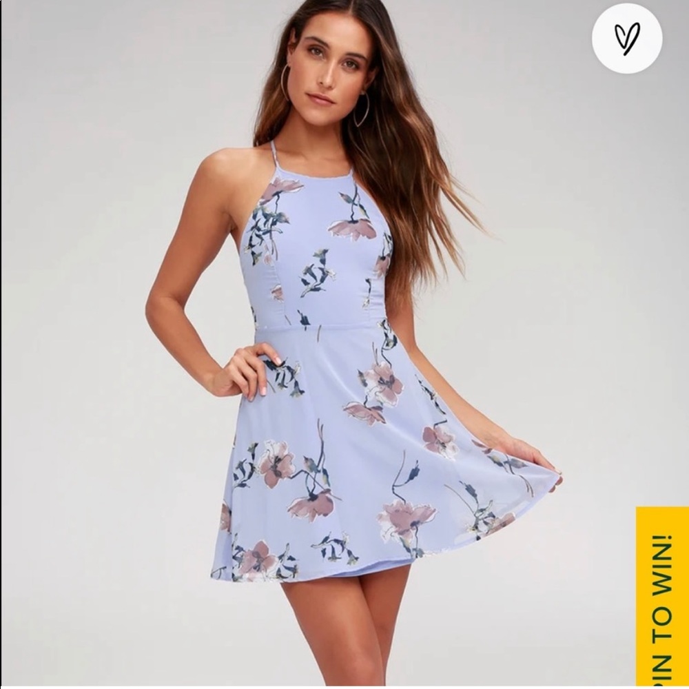 Lulu's Blue Dress Floral Print Square Neckline Sleeveless Strappy Pastel Size M